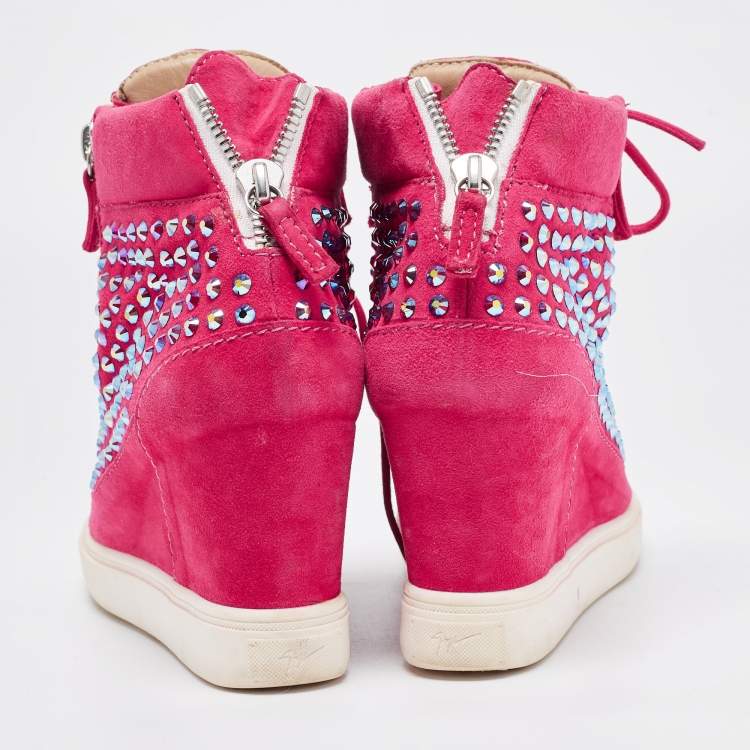 Pre Owned Giuseppe Zanotti Pink Suede Crystal Embellished Wedge Sneakers Size 39