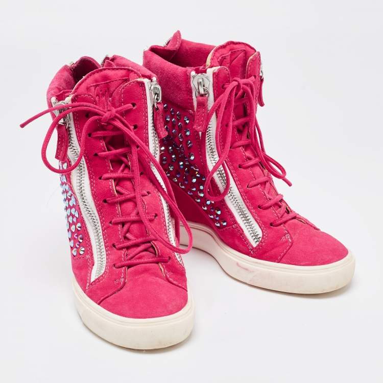Pre Owned Giuseppe Zanotti Pink Suede Crystal Embellished Wedge Sneakers Size 39