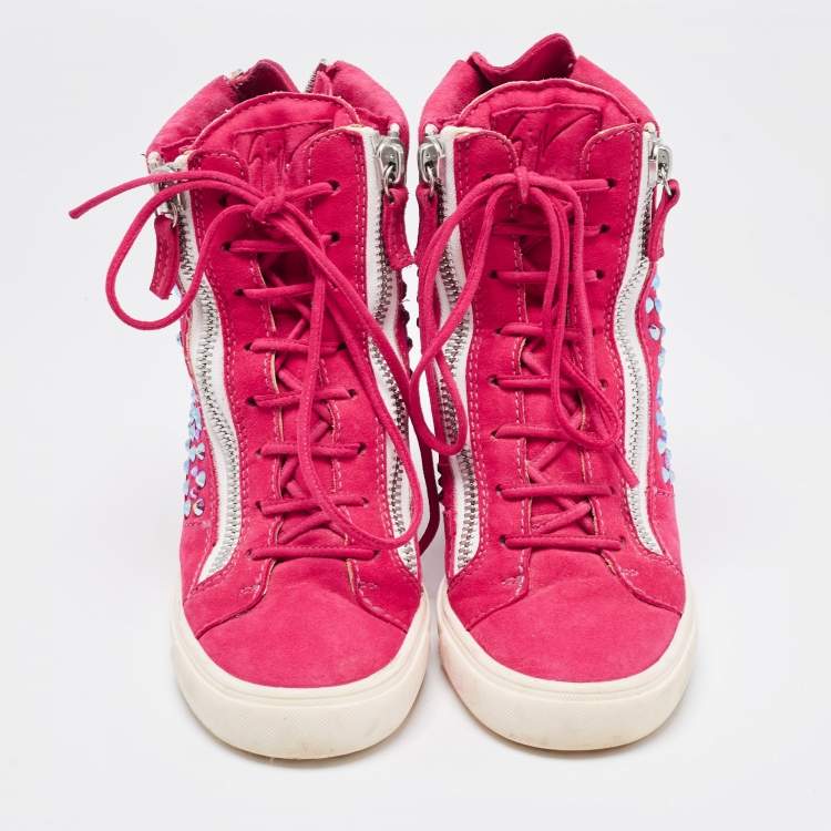 Pre Owned Giuseppe Zanotti Pink Suede Crystal Embellished Wedge Sneakers Size 39