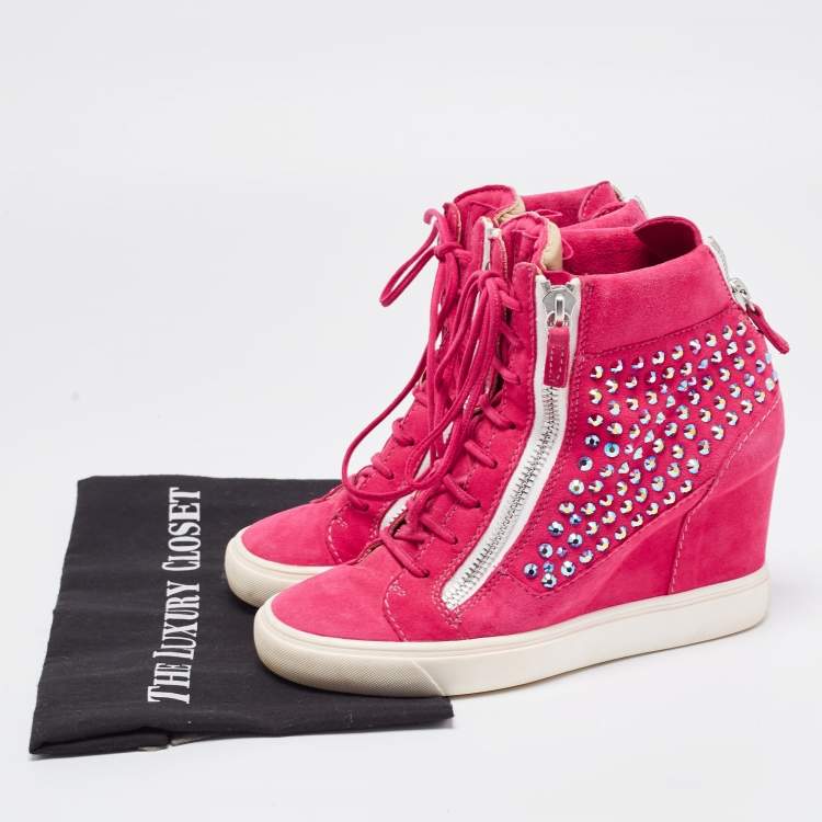 Pre Owned Giuseppe Zanotti Pink Suede Crystal Embellished Wedge Sneakers Size 39