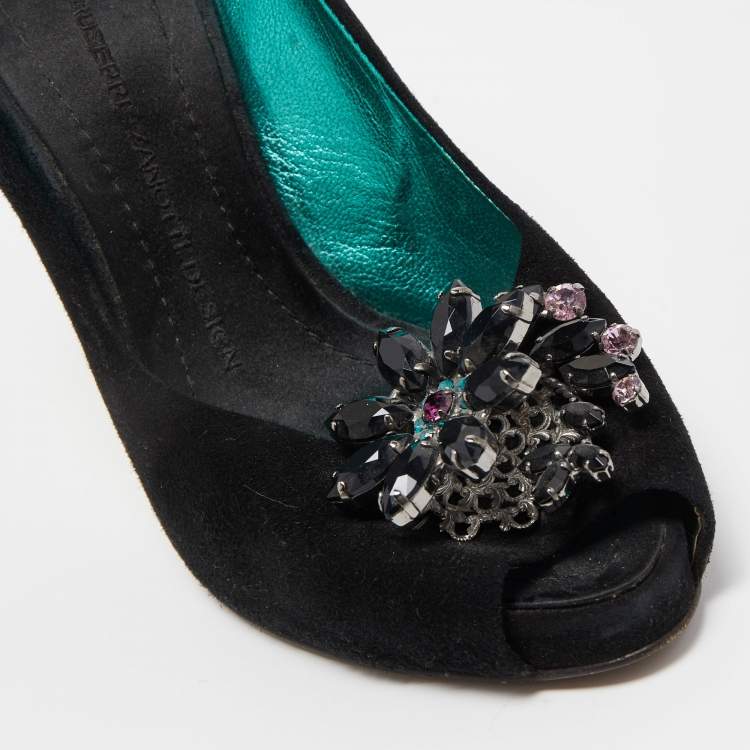 Pre Owned Giuseppe Zanotti Black Suede Crystal Embellished Peep Toe Platform Pumps Size 37.5
