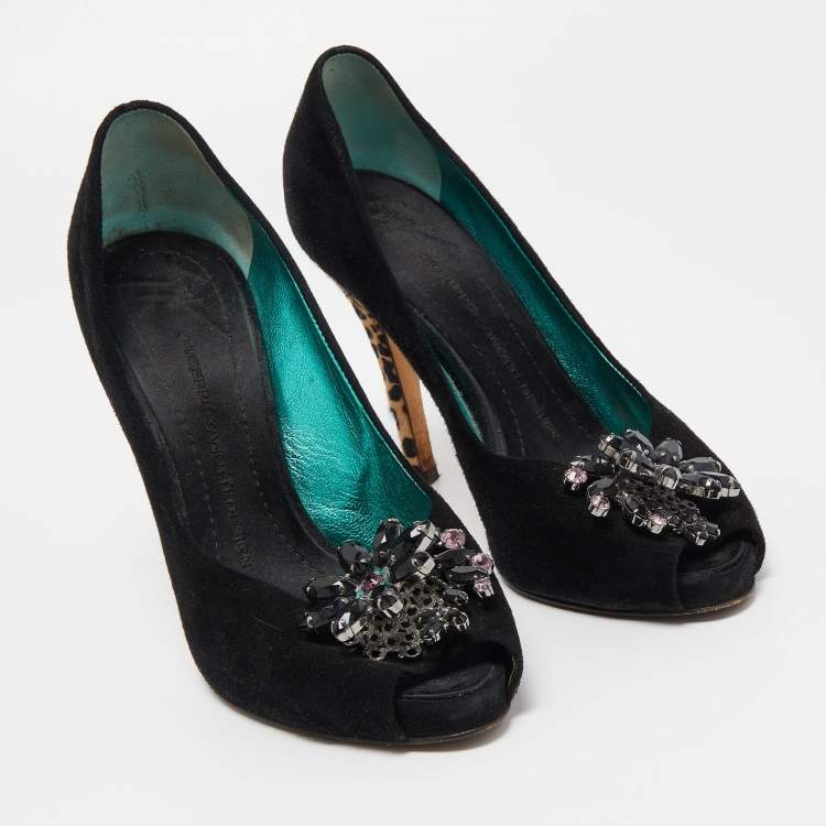 Pre Owned Giuseppe Zanotti Black Suede Crystal Embellished Peep Toe Platform Pumps Size 37.5