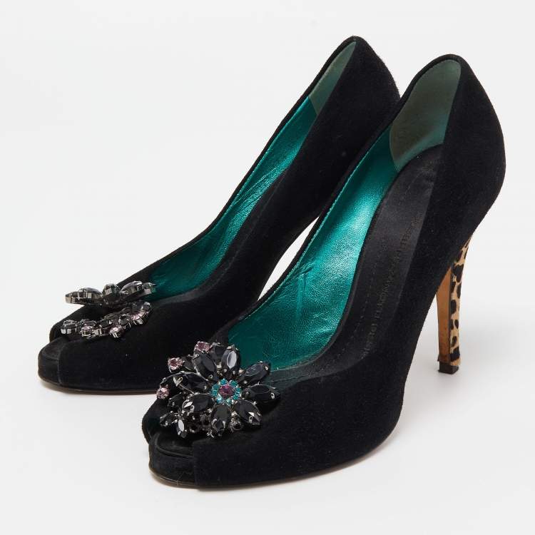 Pre Owned Giuseppe Zanotti Black Suede Crystal Embellished Peep Toe Platform Pumps Size 37.5