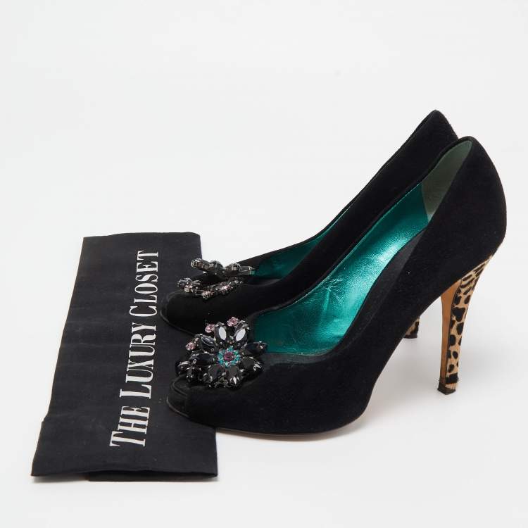 Pre Owned Giuseppe Zanotti Black Suede Crystal Embellished Peep Toe Platform Pumps Size 37.5