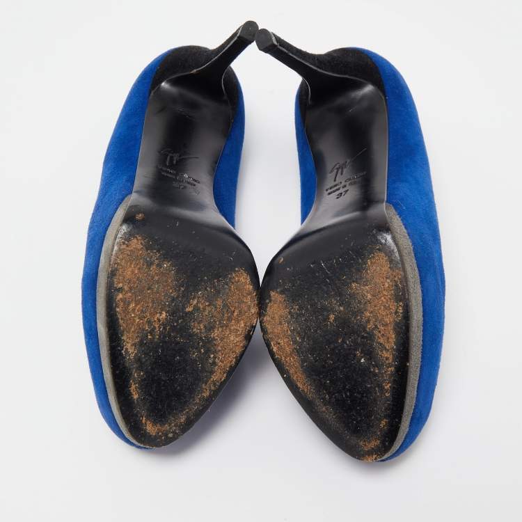 Pre Owned Giuseppe Zanotti Blue Suede Peep Toe Platform Pumps Size 37