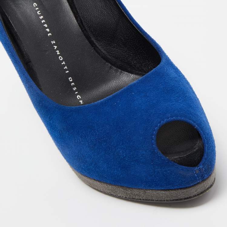 Pre Owned Giuseppe Zanotti Blue Suede Peep Toe Platform Pumps Size 37