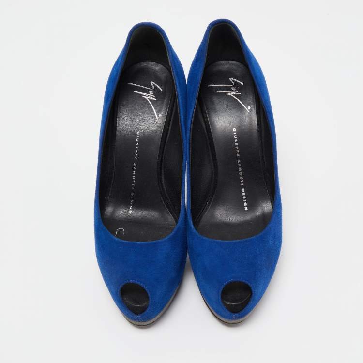 Pre Owned Giuseppe Zanotti Blue Suede Peep Toe Platform Pumps Size 37