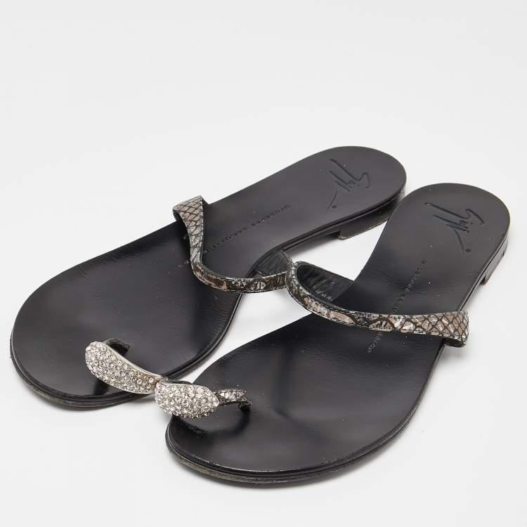 Pre Owned Giuseppe Zanotti Metallic Embossed Python Crystal Embellished Toe Ring Flats Size 38