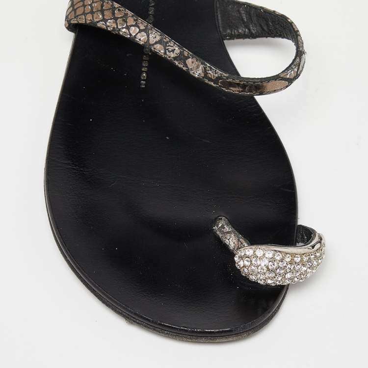Pre Owned Giuseppe Zanotti Metallic Embossed Python Crystal Embellished Toe Ring Flats Size 38