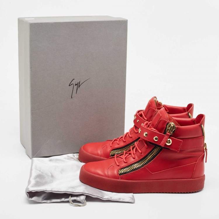 Pre Owned Giuseppe Zanotti Red Leather Studded Double Zip High Top Sneakers Size 44