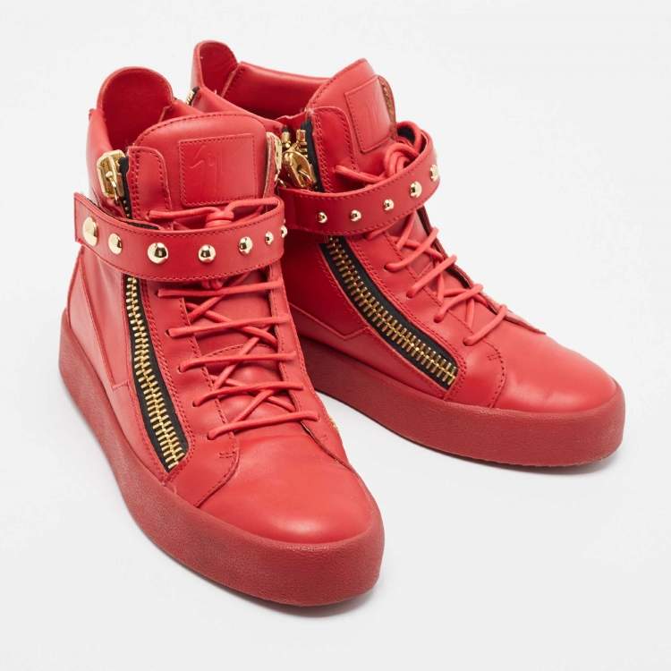 Pre Owned Giuseppe Zanotti Red Leather Studded Double Zip High Top Sneakers Size 44