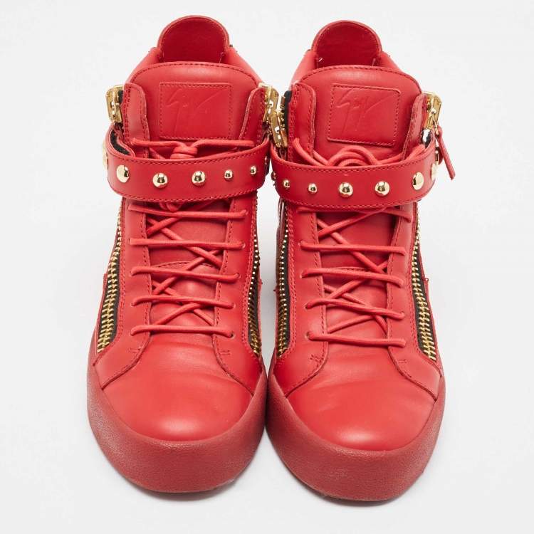 Pre Owned Giuseppe Zanotti Red Leather Studded Double Zip High Top Sneakers Size 44