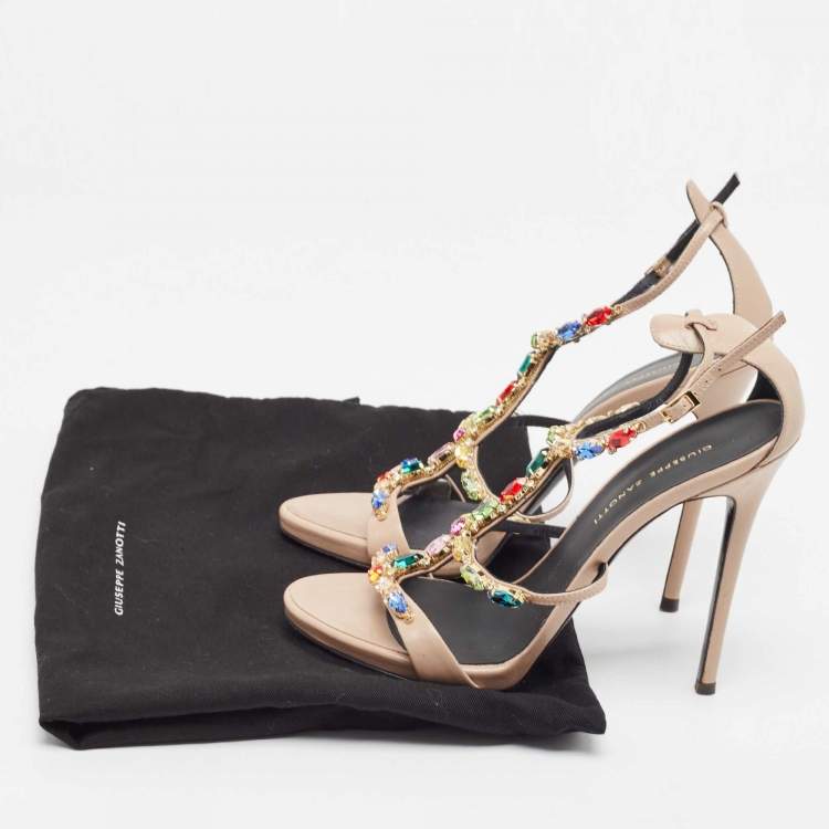 Pre Owned Giuseppe Zanotti Beige Leather Elba Crystal Embellished Sandals Size 38