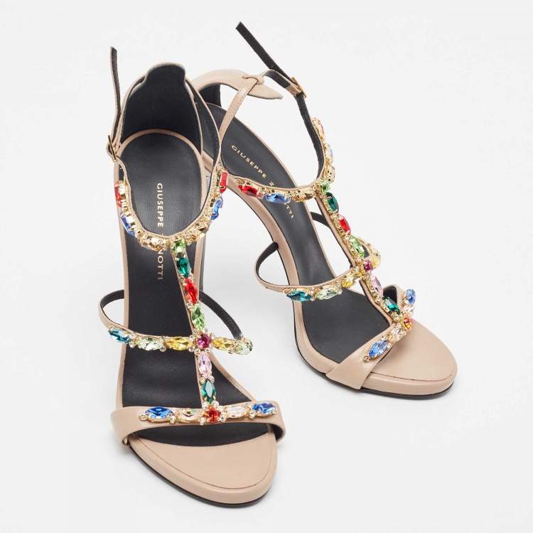 Pre Owned Giuseppe Zanotti Beige Leather Elba Crystal Embellished Sandals Size 38