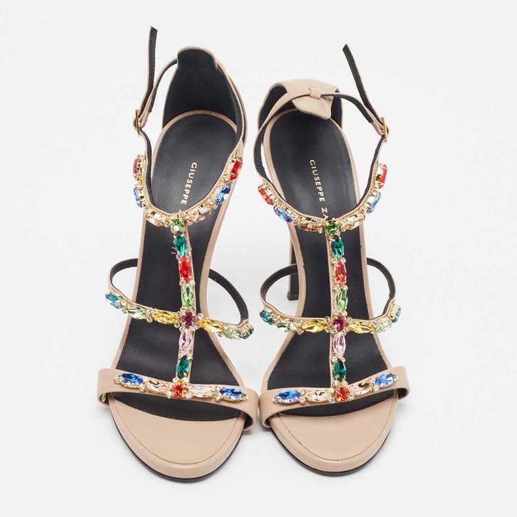 Pre Owned Giuseppe Zanotti Beige Leather Elba Crystal Embellished Sandals Size 38