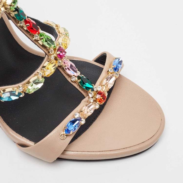 Pre Owned Giuseppe Zanotti Beige Leather Elba Crystal Embellished Sandals Size 38
