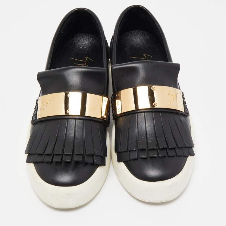 Pre Owned Giuseppe Zanotti Black Fringed Leather Slip On Sneakers Size 37