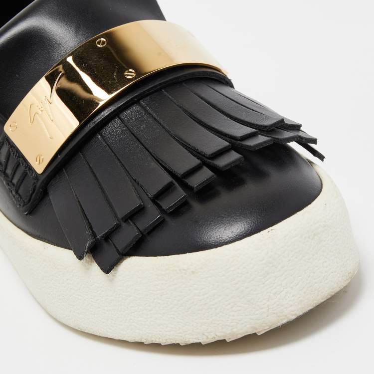 Pre Owned Giuseppe Zanotti Black Fringed Leather Slip On Sneakers Size 37