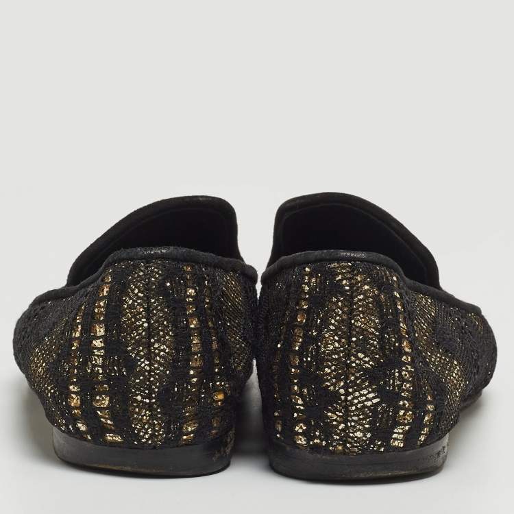 Pre Owned Giuseppe Zanotti Black/Gold  Lace and Glitter Dallia Smoking Slippers Size 37