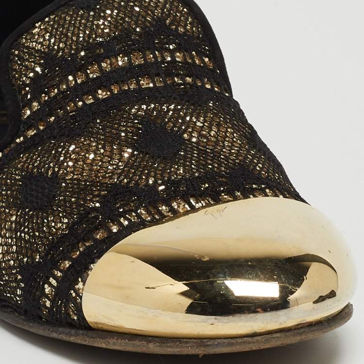 Pre Owned Giuseppe Zanotti Black/Gold  Lace and Glitter Dallia Smoking Slippers Size 37