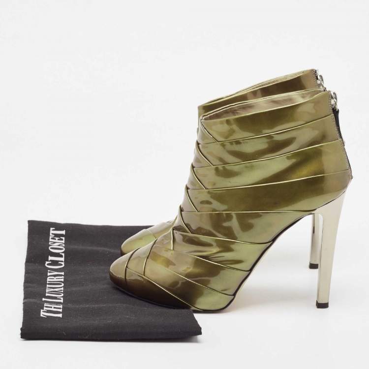 Pre Owned Giuseppe Zanotti Olive Green Patent Leather Ankle Booties Size 38