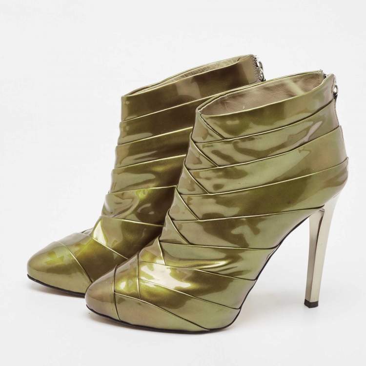 Pre Owned Giuseppe Zanotti Olive Green Patent Leather Ankle Booties Size 38