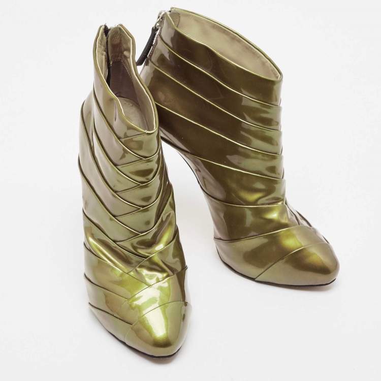 Pre Owned Giuseppe Zanotti Olive Green Patent Leather Ankle Booties Size 38