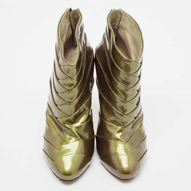 Pre Owned Giuseppe Zanotti Olive Green Patent Leather Ankle Booties Size 38