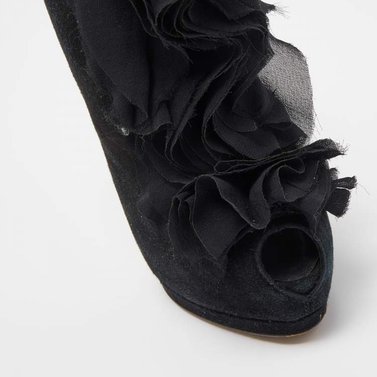 Pre Owned Giuseppe Zanotti Black Suede Frill Peep Toe Ankle Boots Size 37