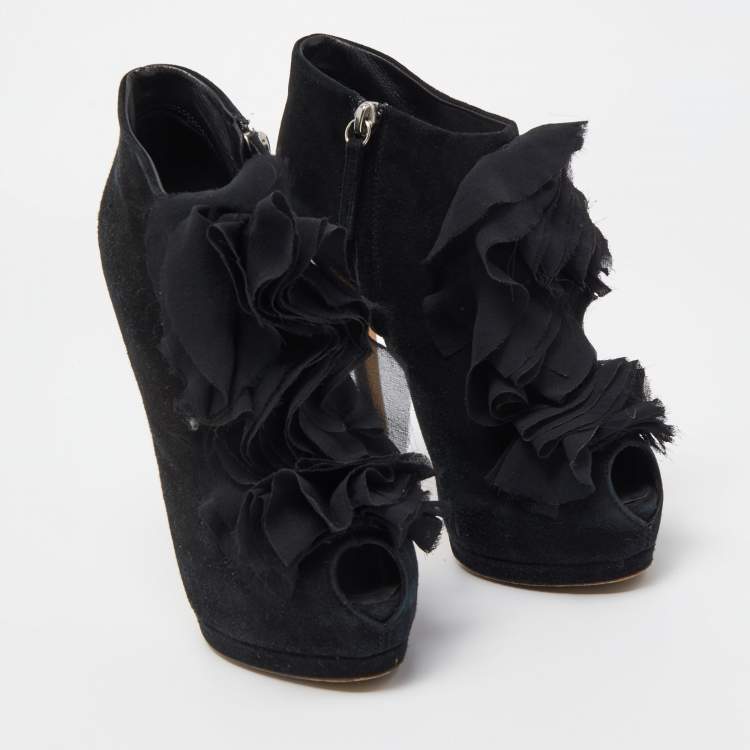 Pre Owned Giuseppe Zanotti Black Suede Frill Peep Toe Ankle Boots Size 37