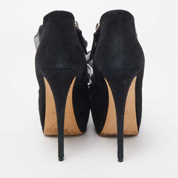 Pre Owned Giuseppe Zanotti Black Suede Frill Peep Toe Ankle Boots Size 37