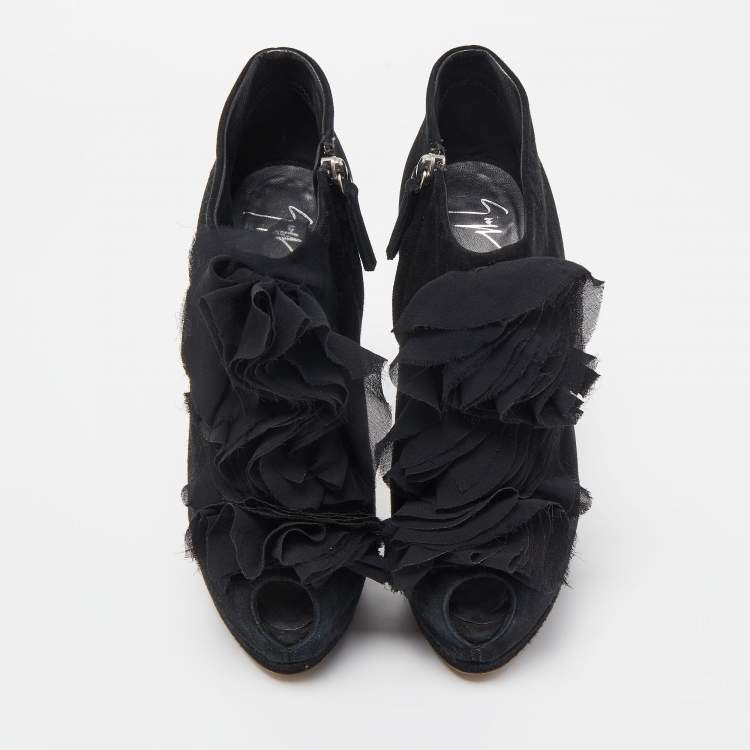 Pre Owned Giuseppe Zanotti Black Suede Frill Peep Toe Ankle Boots Size 37