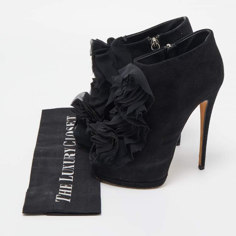 Pre Owned Giuseppe Zanotti Black Suede Frill Peep Toe Ankle Boots Size 37
