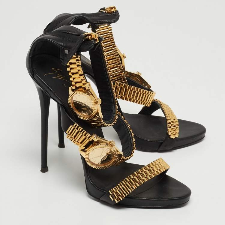 Pre Owned Giuseppe Zanotti Black Leather Gzxcowan Watch Sandals Size 39