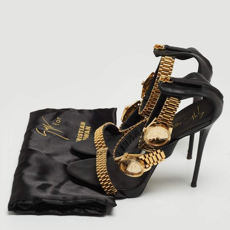 Pre Owned Giuseppe Zanotti Black Leather Gzxcowan Watch Sandals Size 39