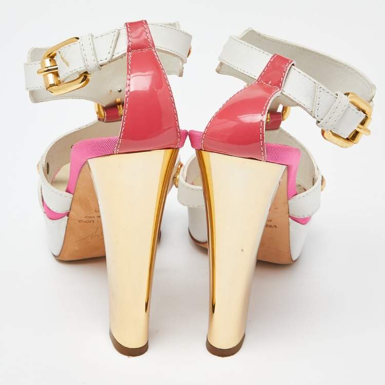 Pre Owned Giuseppe Zanotti Pink/White Patent and Leather Buckle Detail T-Bar Platform Sandals Size 38