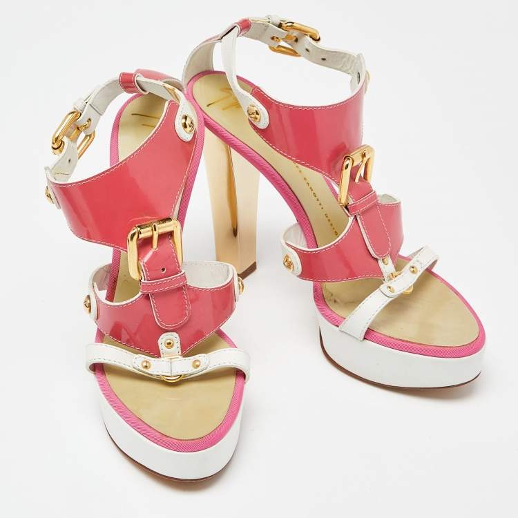Pre Owned Giuseppe Zanotti Pink/White Patent and Leather Buckle Detail T-Bar Platform Sandals Size 38