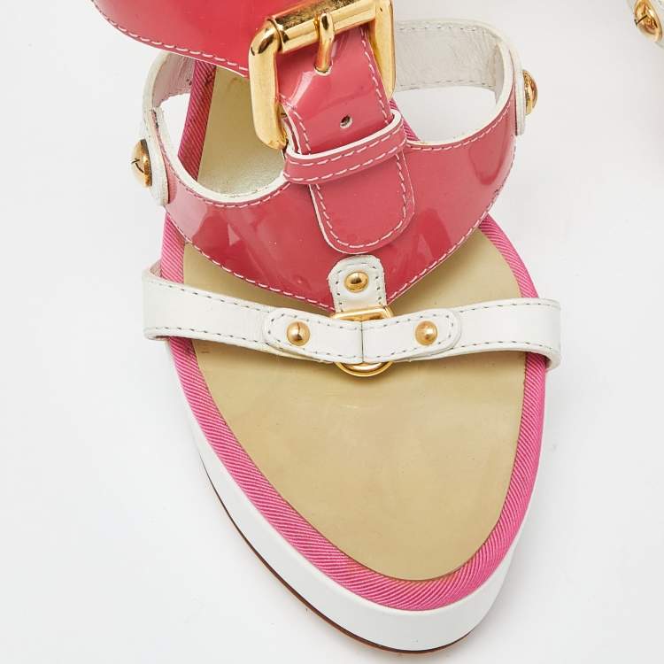 Pre Owned Giuseppe Zanotti Pink/White Patent and Leather Buckle Detail T-Bar Platform Sandals Size 38
