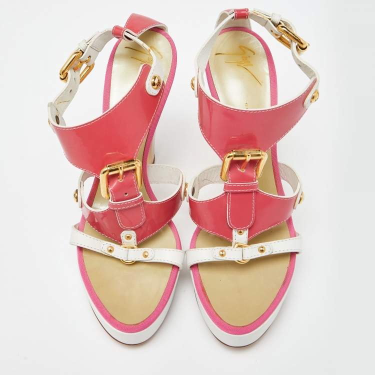 Pre Owned Giuseppe Zanotti Pink/White Patent and Leather Buckle Detail T-Bar Platform Sandals Size 38