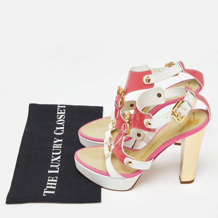 Pre Owned Giuseppe Zanotti Pink/White Patent and Leather Buckle Detail T-Bar Platform Sandals Size 38