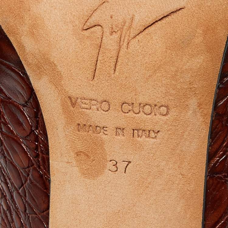 Pre Owned Giuseppe Zanotti Brown Croc Embossed Leather Crystal Embellished Peep Toe Pumps Size 37