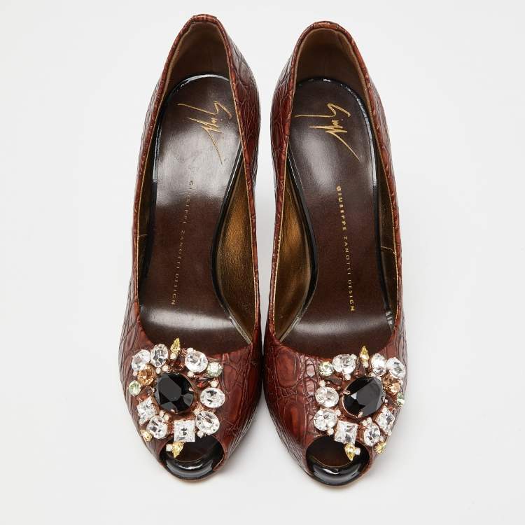 Pre Owned Giuseppe Zanotti Brown Croc Embossed Leather Crystal Embellished Peep Toe Pumps Size 37
