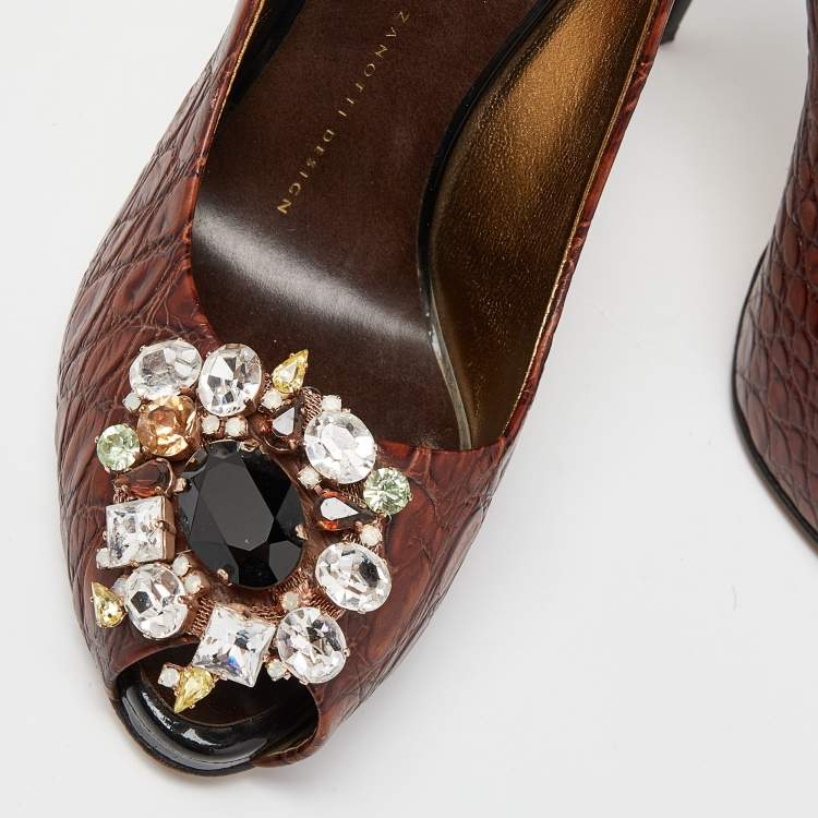 Pre Owned Giuseppe Zanotti Brown Croc Embossed Leather Crystal Embellished Peep Toe Pumps Size 37
