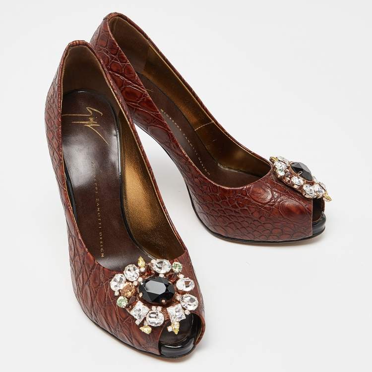 Pre Owned Giuseppe Zanotti Brown Croc Embossed Leather Crystal Embellished Peep Toe Pumps Size 37