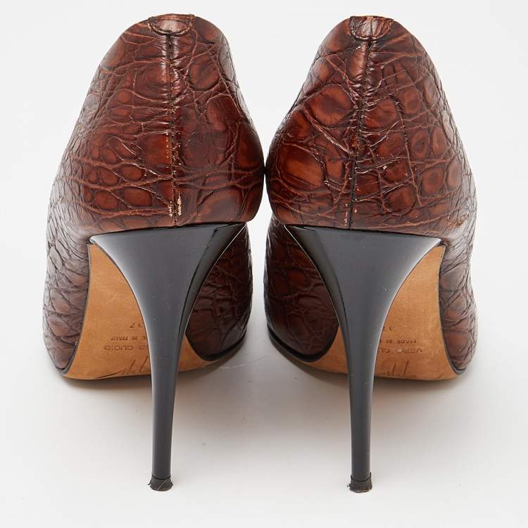 Pre Owned Giuseppe Zanotti Brown Croc Embossed Leather Crystal Embellished Peep Toe Pumps Size 37