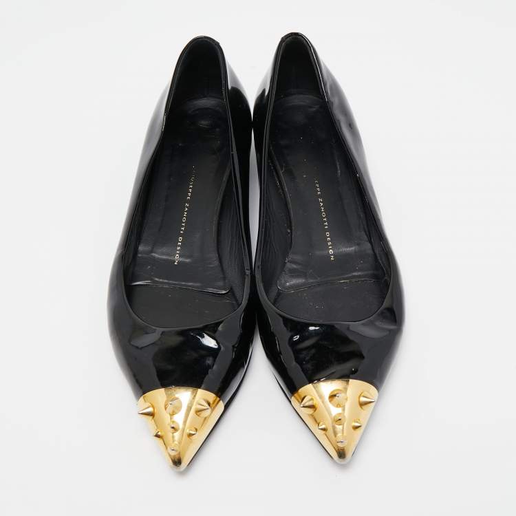 Pre Owned Giuseppe Zanotti Black Patent Leather Spiked Cap Toe Ballet Flats Size 38.5