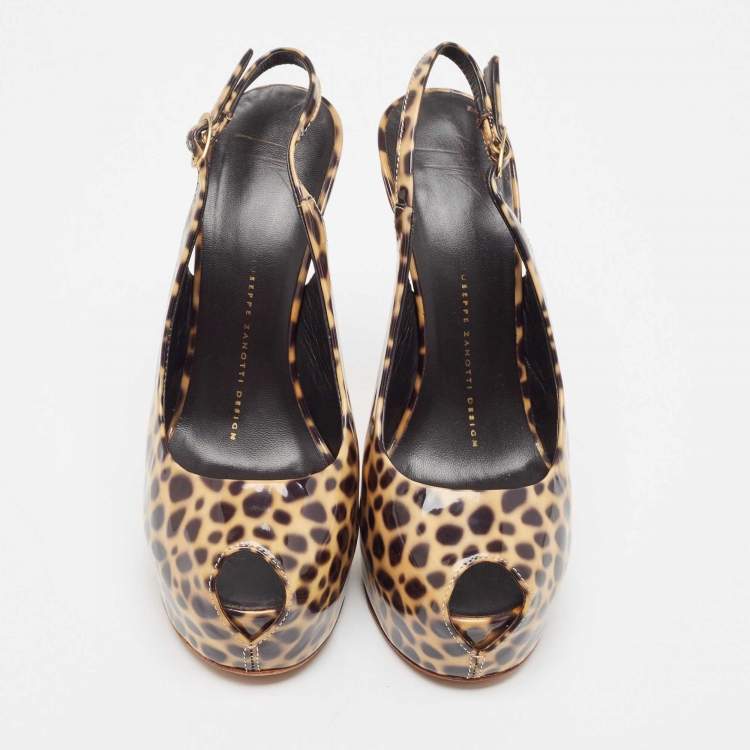 Pre Owned Giuseppe Zanotti Brown/Black Patent Leopard Print Slingback Pumps Size 37