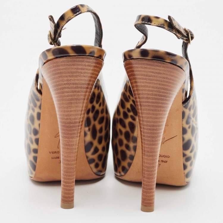 Pre Owned Giuseppe Zanotti Brown/Black Patent Leopard Print Slingback Pumps Size 37