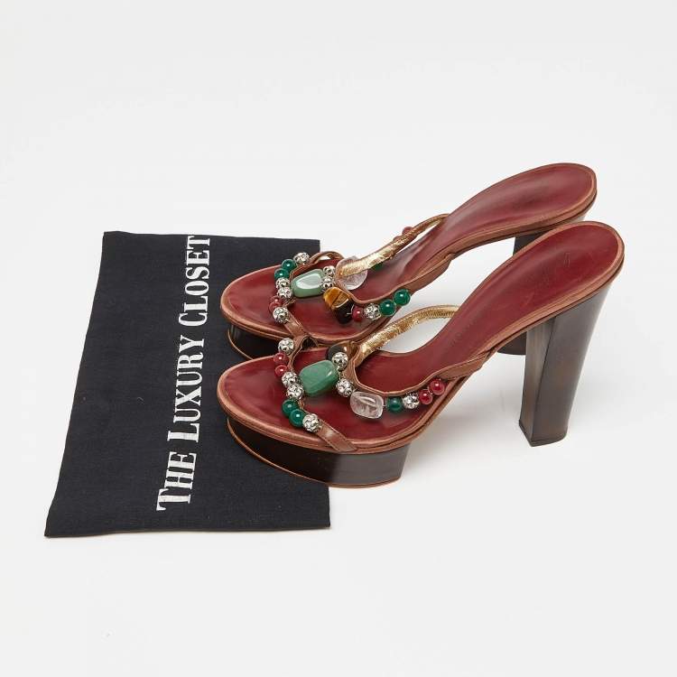 Pre Owned Guiseppe Zanotti Brown Leather Crystal Embellished Platform Slide Sandals Size 38
