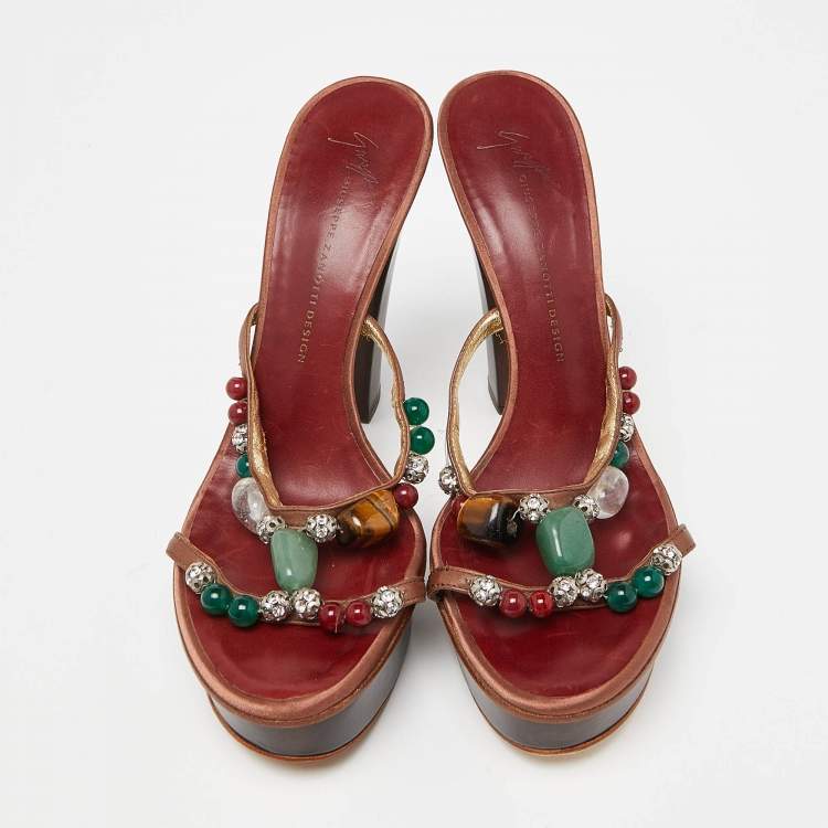 Pre Owned Guiseppe Zanotti Brown Leather Crystal Embellished Platform Slide Sandals Size 38
